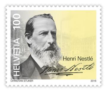Photo du timbre suisse célébrant les 150 ans de Nestlé