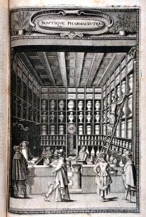 Officine du XVIIe siècle, gravure par G. Huret dans les Oeuvres Pharmaceutiques de Jean de Renou ...